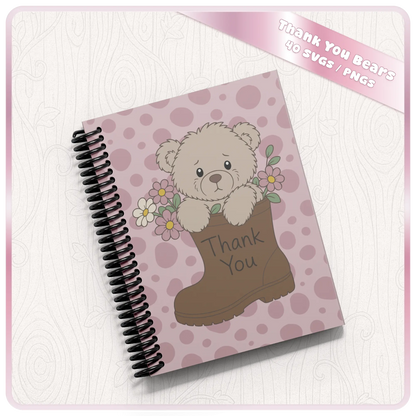 Thank you teddy bear notebook mockup with beige bear in flower boot on pink polka dot cover for printable clipart and digital design projects.