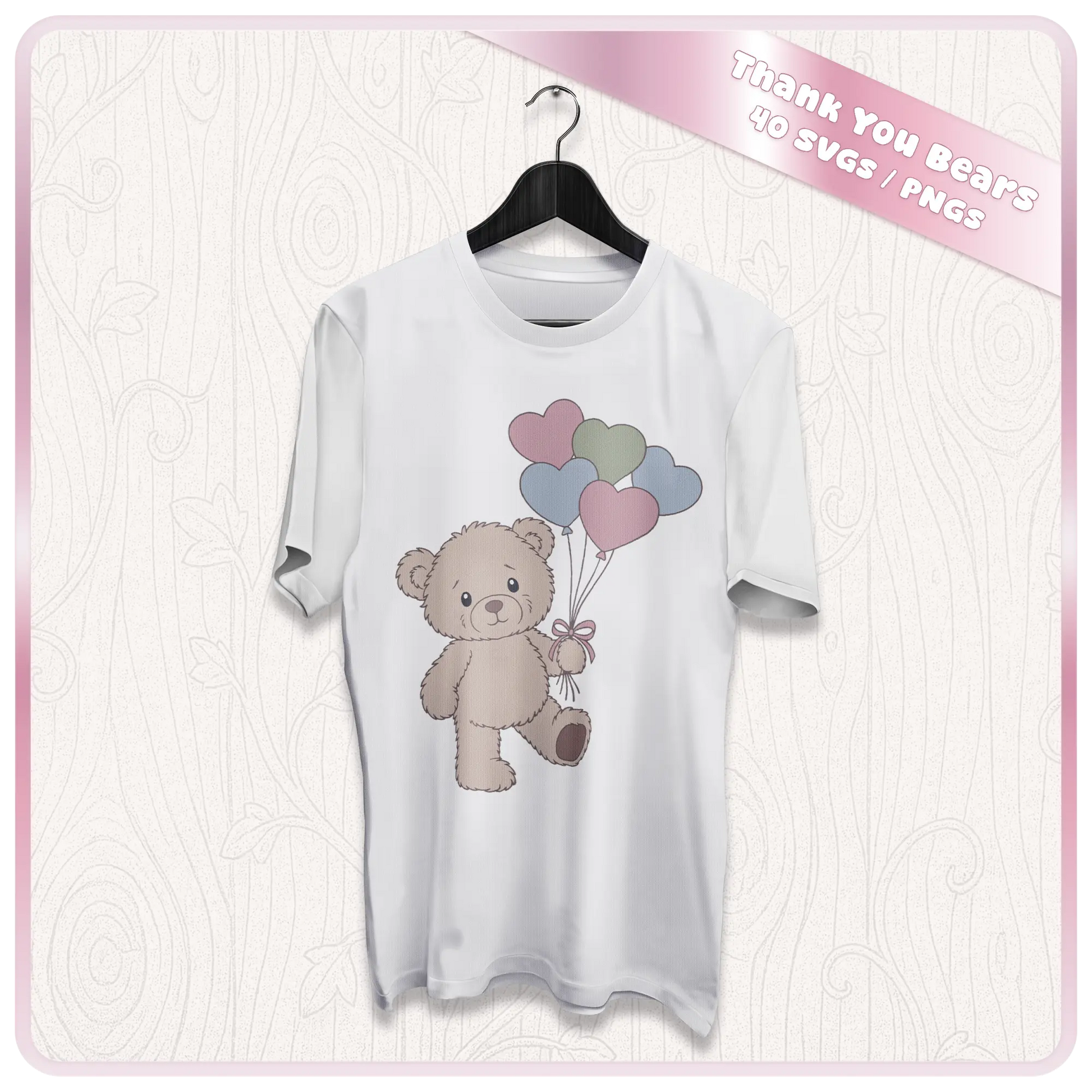 Thank you teddy bear T-shirt mockup featuring beige bear holding pastel heart balloons, suitable for sublimation PNGs and SVG apparel designs.