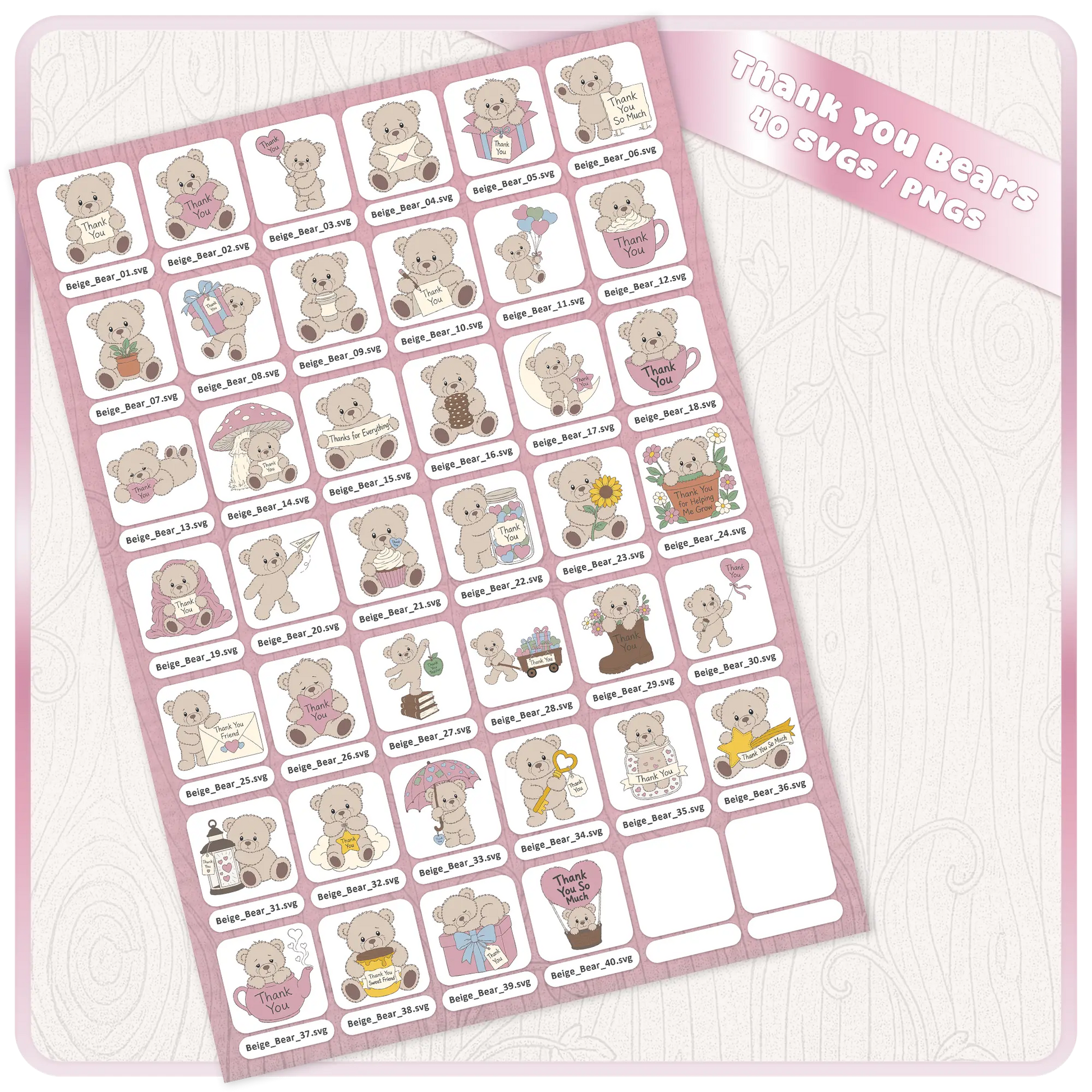 Beige thank you teddy bears SVG and PNG bundle preview sheet showing 40 cute teddy bear clipart designs for cards, stickers, gifts, and crafts.