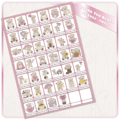 Beige thank you teddy bears SVG and PNG bundle preview sheet showing 40 cute teddy bear clipart designs for cards, stickers, gifts, and crafts.