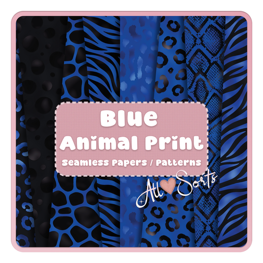 Blue animal print seamless digital paper pack featuring leopard, zebra, giraffe and snakeskin patterns in black and blue for scrapbooking and commercial use.