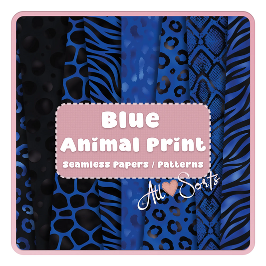 Blue animal print seamless digital paper pack featuring leopard, zebra, giraffe and snakeskin patterns in black and blue for scrapbooking and commercial use.