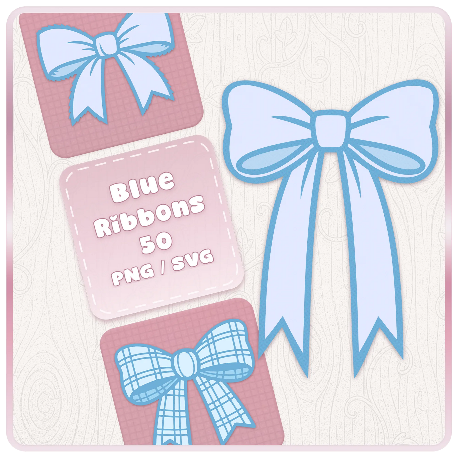 Blue bow and ribbon SVG PNG bundle cover showing soft blue ribbon clipart designs for Cricut, Silhouette, stickers, sublimation and paper crafts.