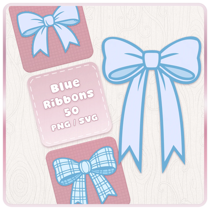 Blue bow and ribbon SVG PNG bundle cover showing soft blue ribbon clipart designs for Cricut, Silhouette, stickers, sublimation and paper crafts.