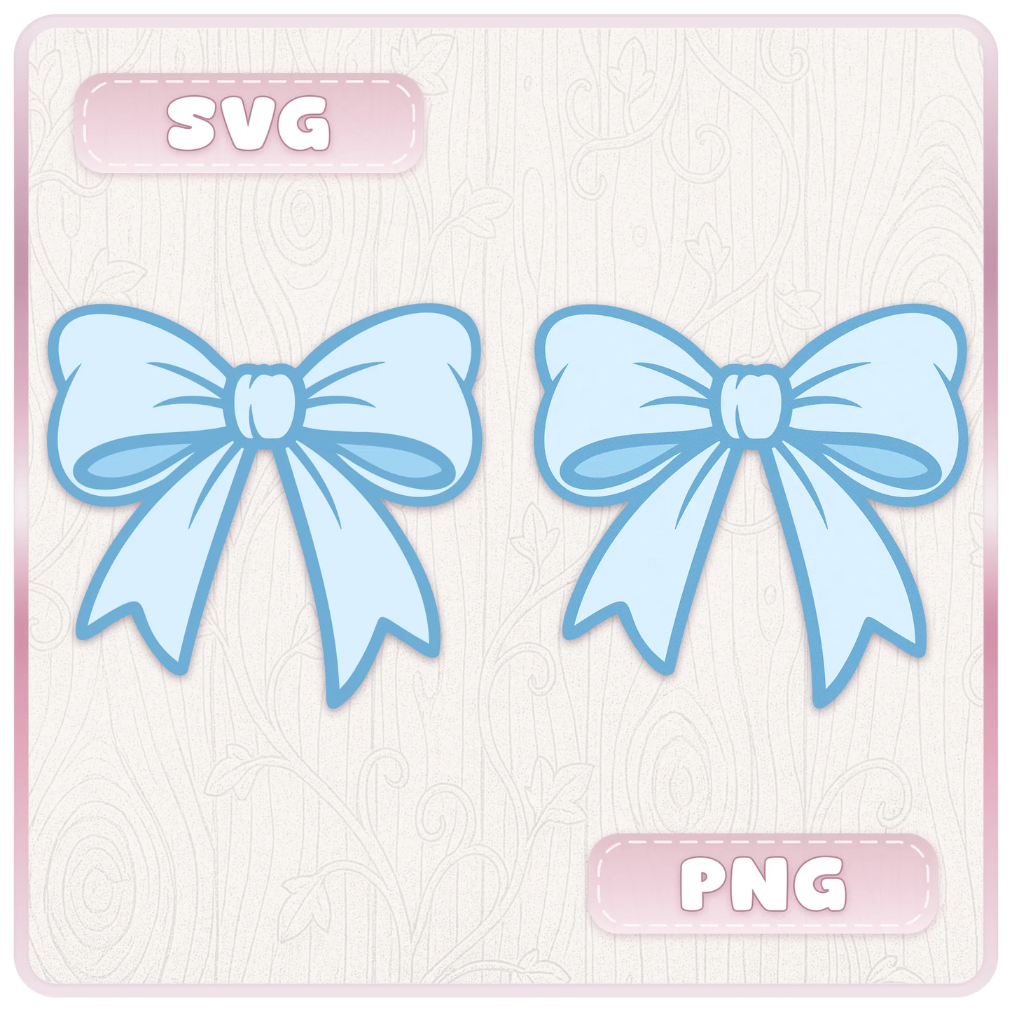 Blue ribbon SVG and PNG preview showing two bow clipart designs with transparent background file options for digital craft projects.