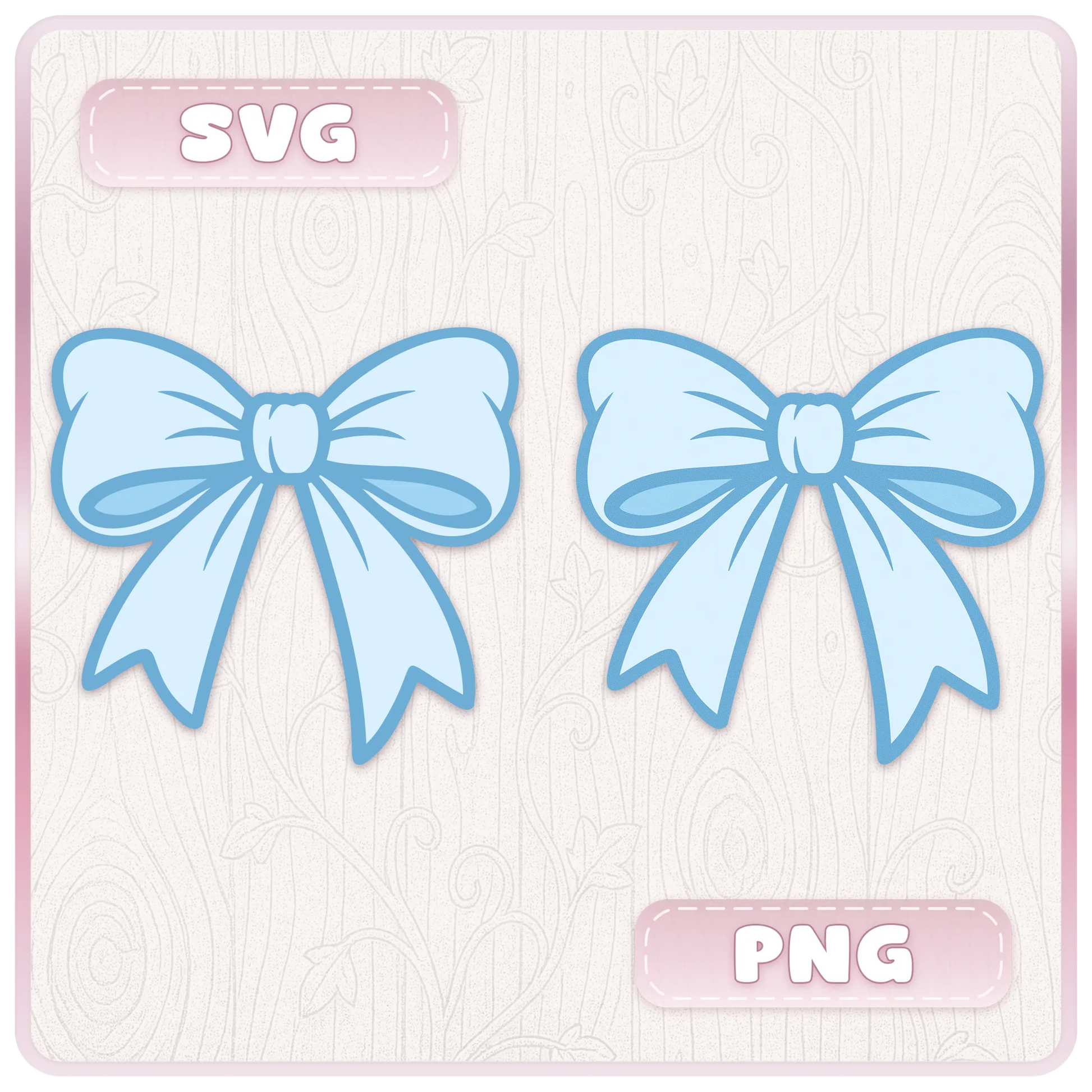 Blue ribbon SVG and PNG preview showing two bow clipart designs with transparent background file options for digital craft projects.
