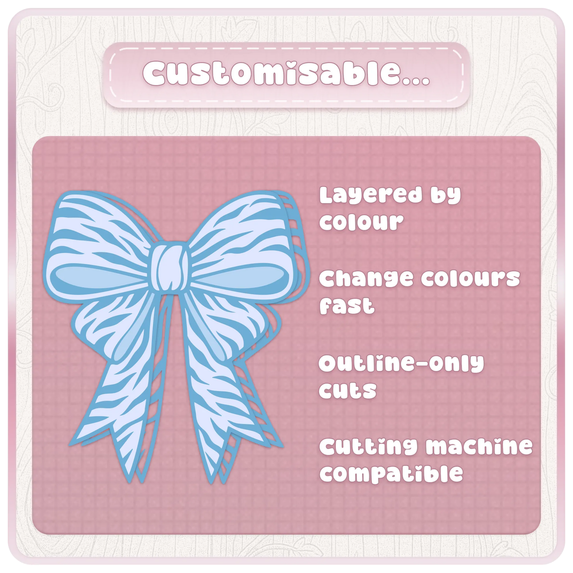 Customisable blue bow SVG preview showing layered ribbon cut file features for Cricut, Silhouette and colour-editable craft designs.