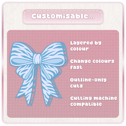 Customisable blue bow SVG preview showing layered ribbon cut file features for Cricut, Silhouette and colour-editable craft designs.