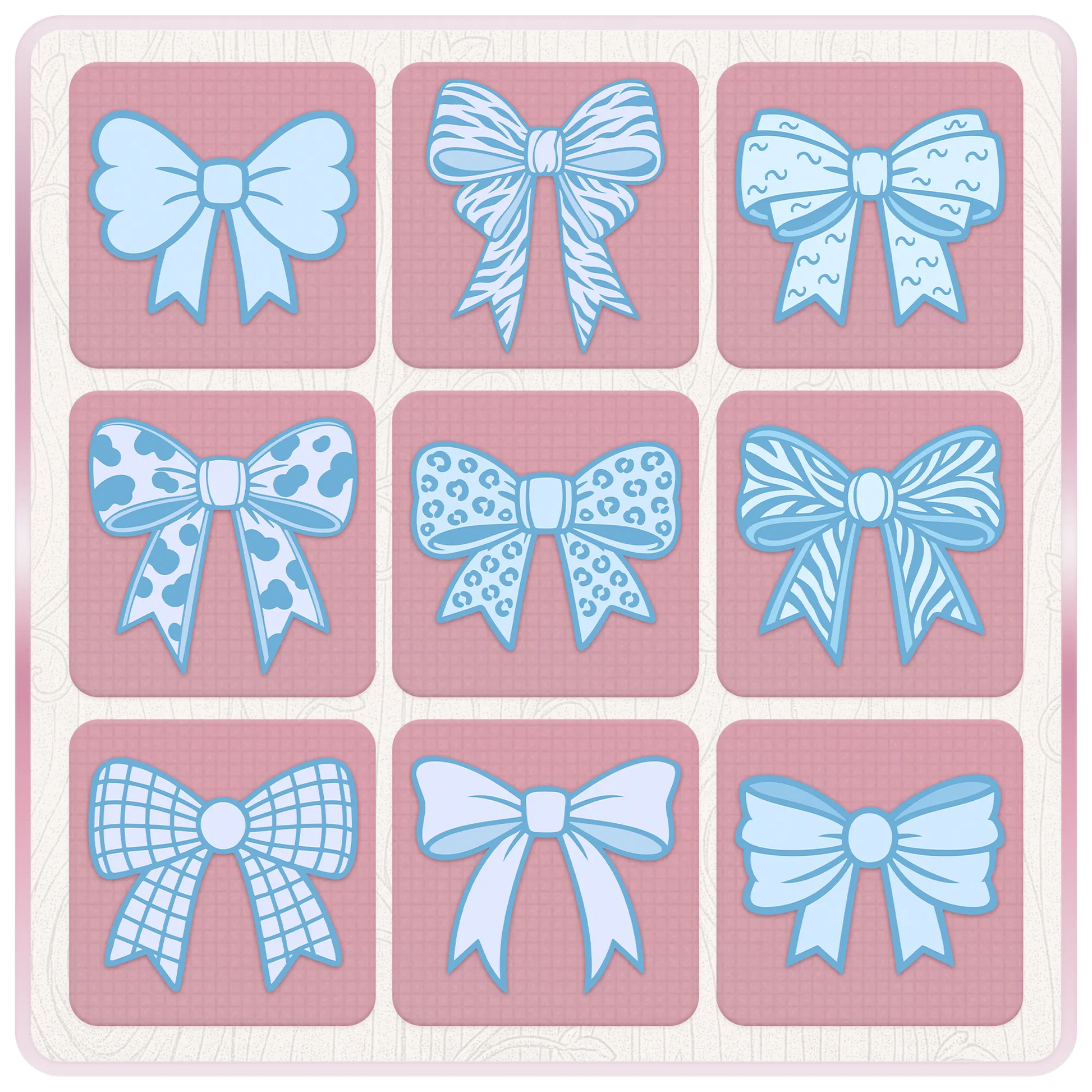 Assorted blue ribbon SVG bundle preview with patterned bow clipart including plaid, leopard, cow print, striped and decorative ribbon designs.