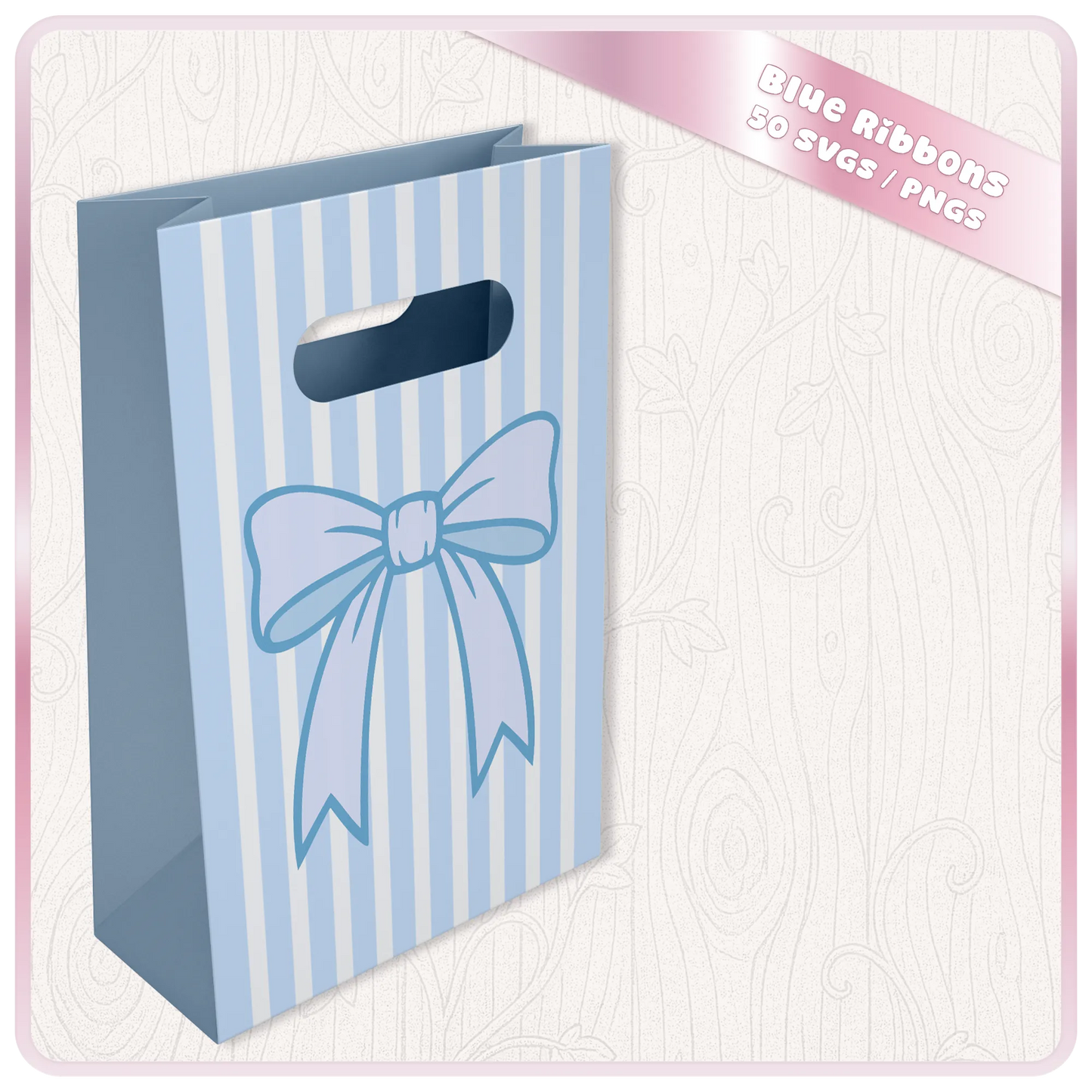 Blue ribbon PNG and SVG mockup on striped gift bag showing bow design for packaging, boutique branding, paper crafts and printable decor.