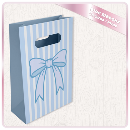 Blue ribbon PNG and SVG mockup on striped gift bag showing bow design for packaging, boutique branding, paper crafts and printable decor.