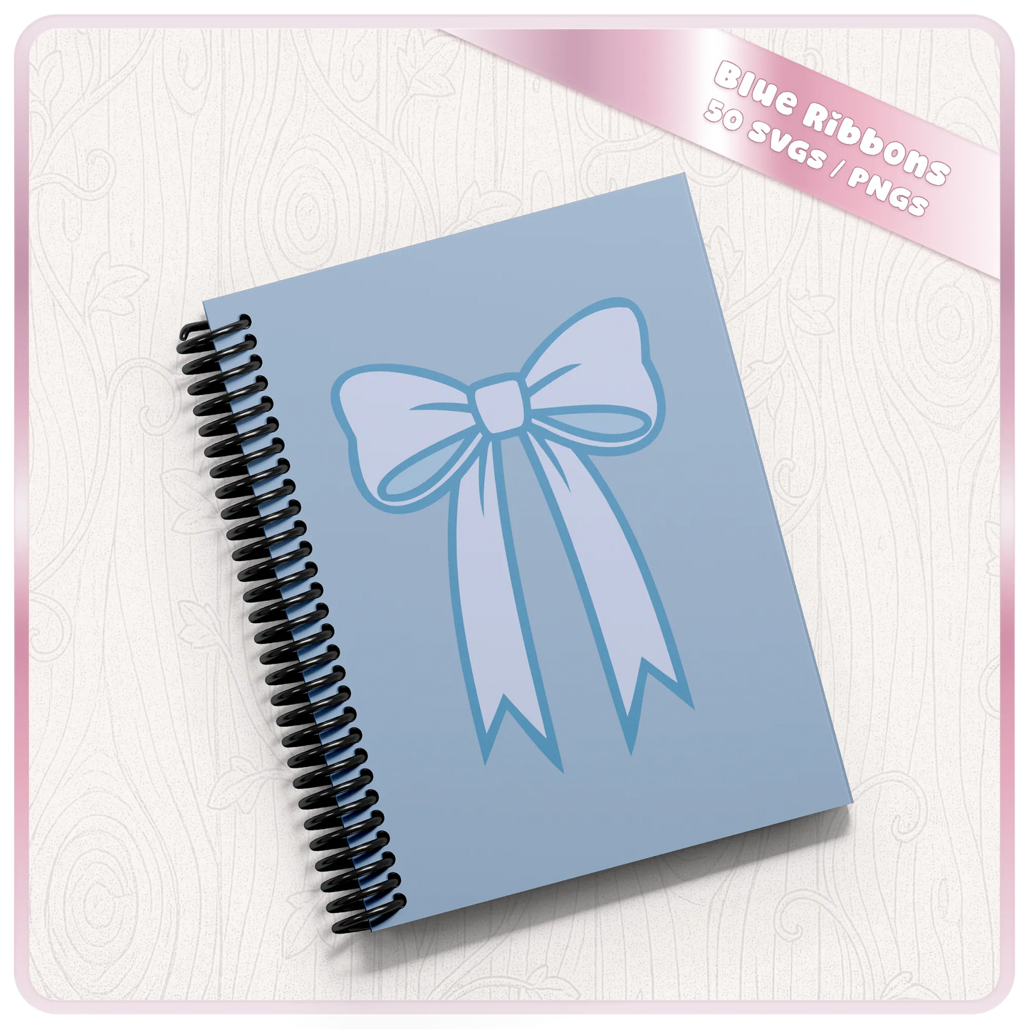 Blue bow SVG mockup on spiral notebook showing soft ribbon design for stationery, planner covers, stickers and printable craft projects.