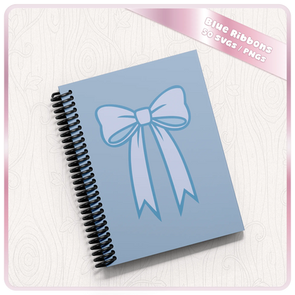 Blue bow SVG mockup on spiral notebook showing soft ribbon design for stationery, planner covers, stickers and printable craft projects.