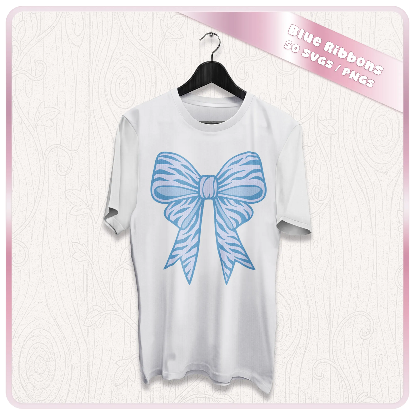 Blue ribbon SVG mockup on white t-shirt showing bow design for sublimation, apparel, Cricut vinyl and custom clothing projects.