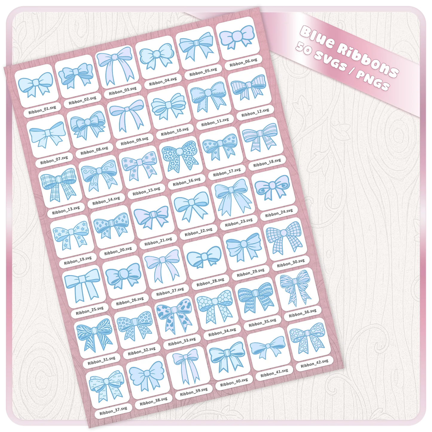 Blue bow SVG bundle contact sheet showing 50 ribbon clipart files with individual SVG designs for Cricut, Silhouette and craft downloads.
