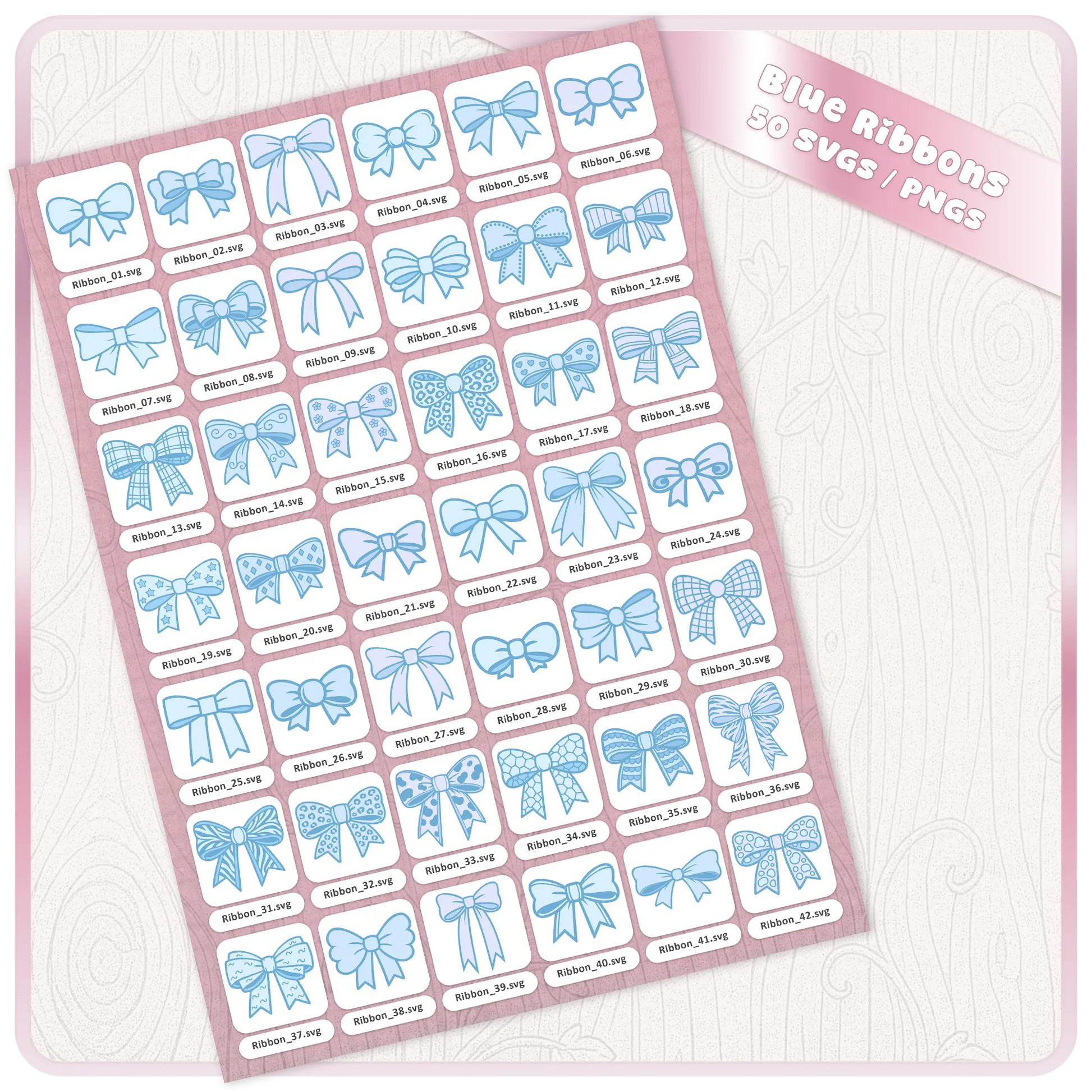 Blue bow SVG bundle contact sheet showing 50 ribbon clipart files with individual SVG designs for Cricut, Silhouette and craft downloads.