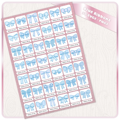 Blue bow SVG bundle contact sheet showing 50 ribbon clipart files with individual SVG designs for Cricut, Silhouette and craft downloads.
