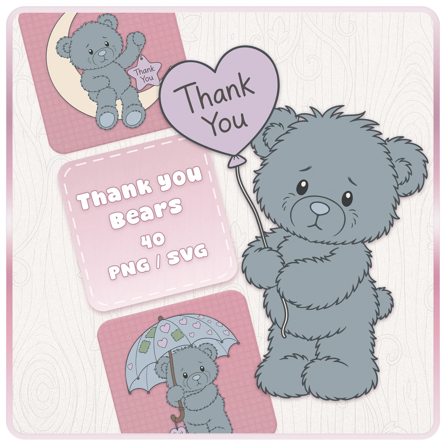 Blue Thank You Teddy Bears SVG and PNG bundle featuring 40 cute blue teddy bear clipart designs for Cricut, Silhouette, sublimation and thank you gift crafting projects