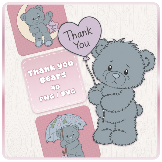Blue Thank You Teddy Bears SVG and PNG bundle featuring 40 cute blue teddy bear clipart designs for Cricut, Silhouette, sublimation and thank you gift crafting projects