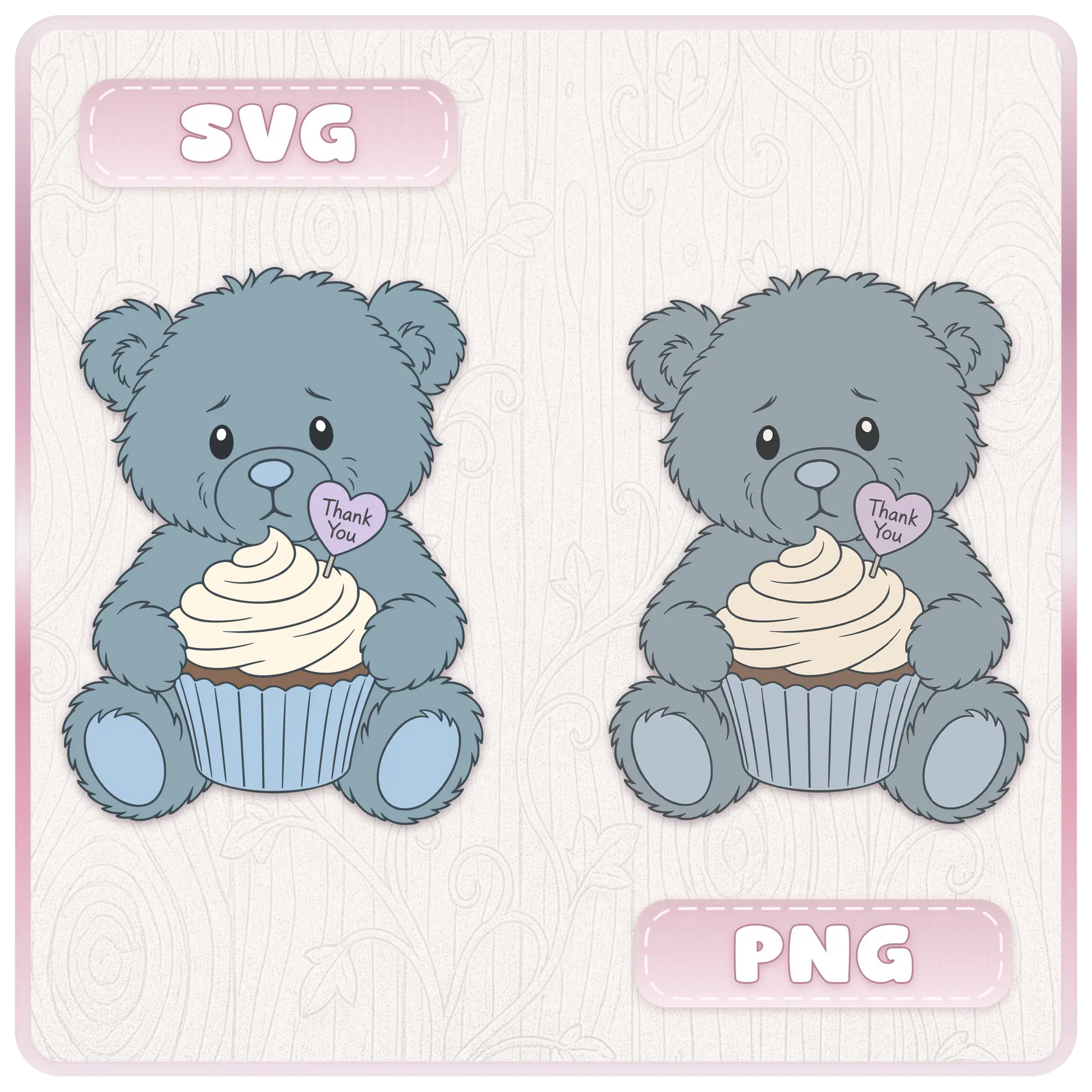 Blue teddy bear holding thank you cupcake SVG and PNG clipart design with layered SVG files and transparent PNG formats for digital crafting