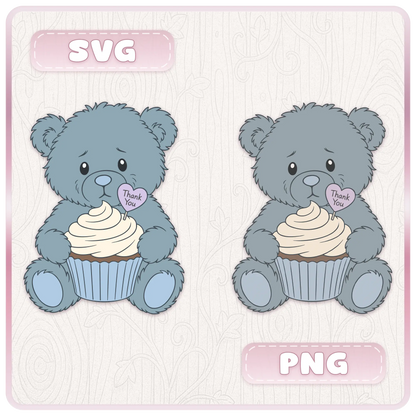 Blue teddy bear holding thank you cupcake SVG and PNG clipart design with layered SVG files and transparent PNG formats for digital crafting