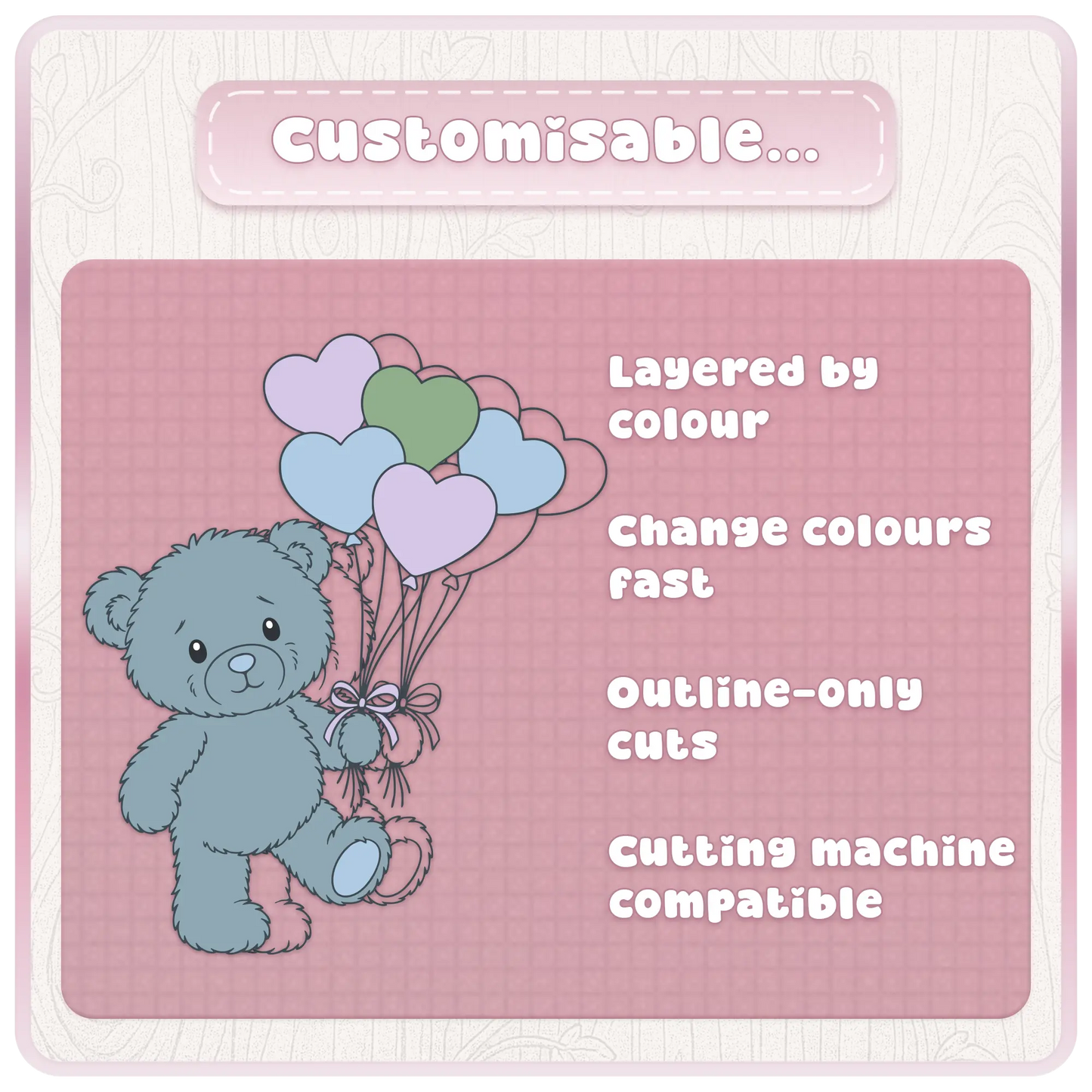 Customisable blue teddy bear SVG bundle featuring layered colour SVG files, outline cut files and cutting machine compatible designs