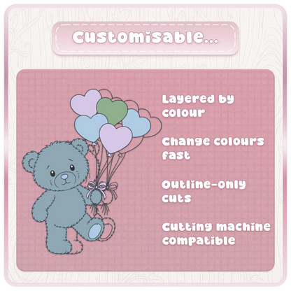 Customisable blue teddy bear SVG bundle featuring layered colour SVG files, outline cut files and cutting machine compatible designs