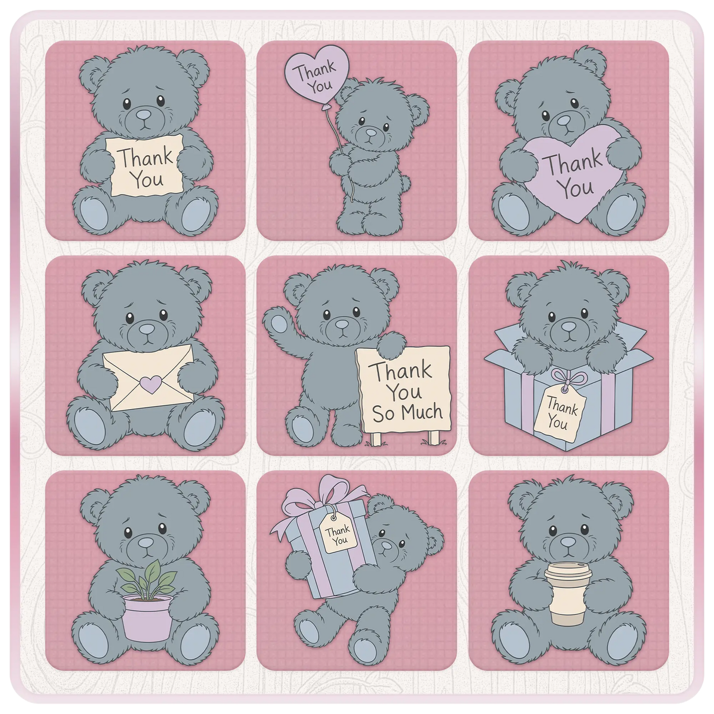 Collection of blue thank you teddy bear SVG and PNG designs including balloons, signs, gifts, envelopes, coffee cups and appreciation themed artwork