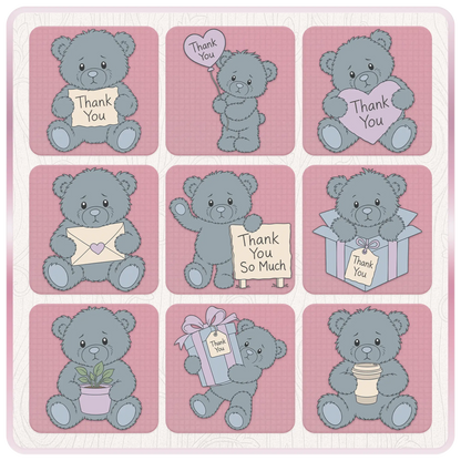 Collection of blue thank you teddy bear SVG and PNG designs including balloons, signs, gifts, envelopes, coffee cups and appreciation themed artwork