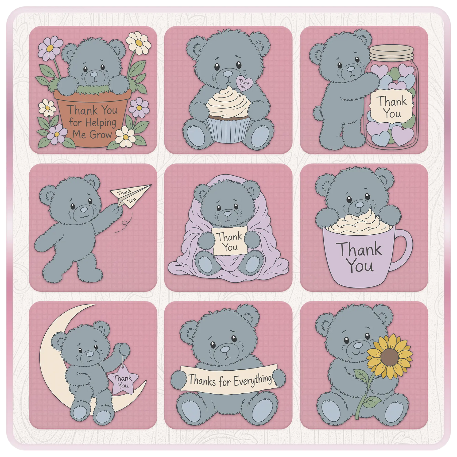 Blue teddy bear thank you SVG bundle featuring cupcakes, flowers, candy jars, paper airplanes, blankets and gratitude themed clipart designs