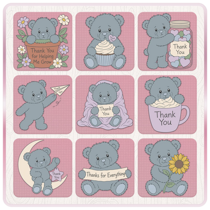 Blue teddy bear thank you SVG bundle featuring cupcakes, flowers, candy jars, paper airplanes, blankets and gratitude themed clipart designs