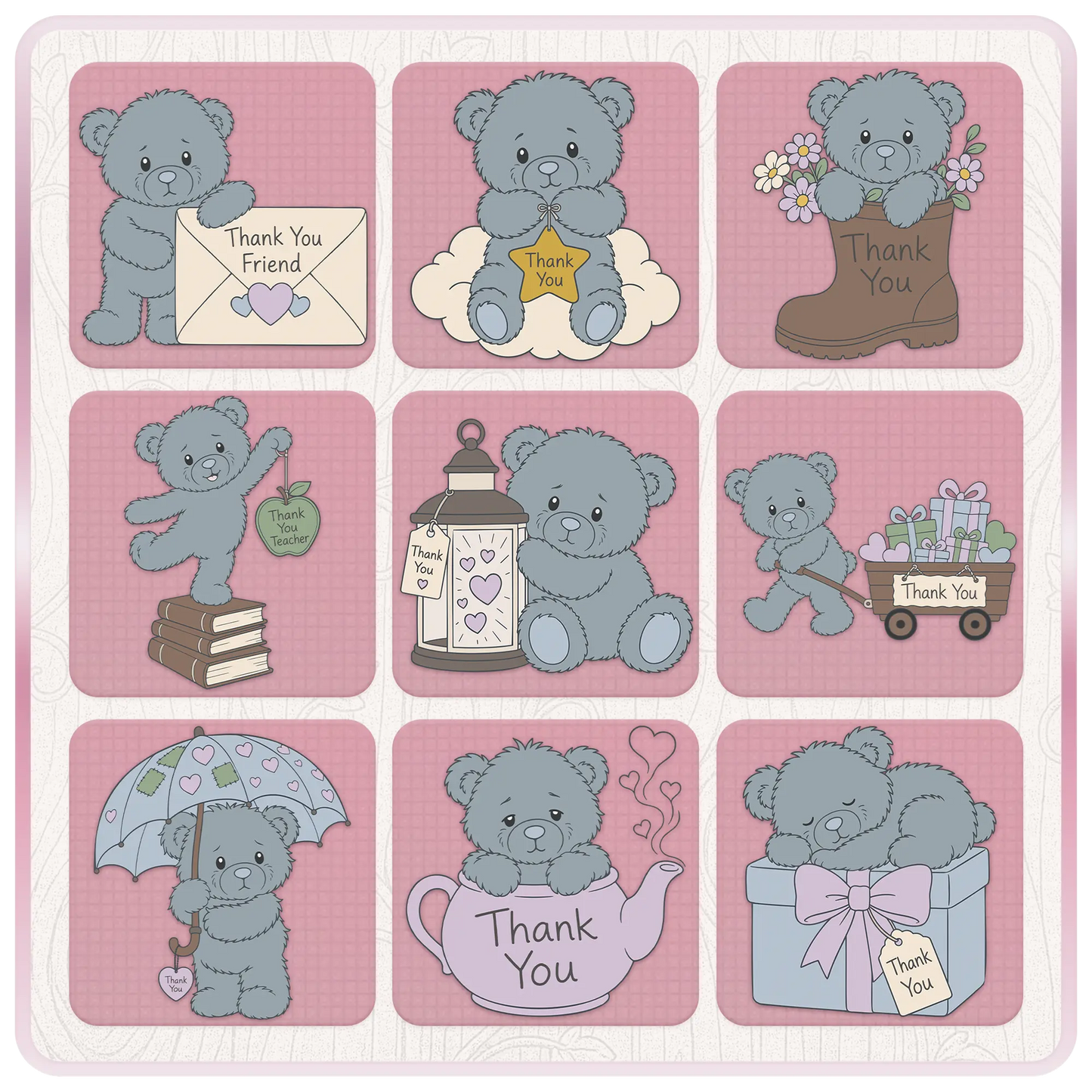 Blue teddy bear appreciation SVG collection including friendship, teacher appreciation, lantern, gift wagon, umbrella and floral themed designs