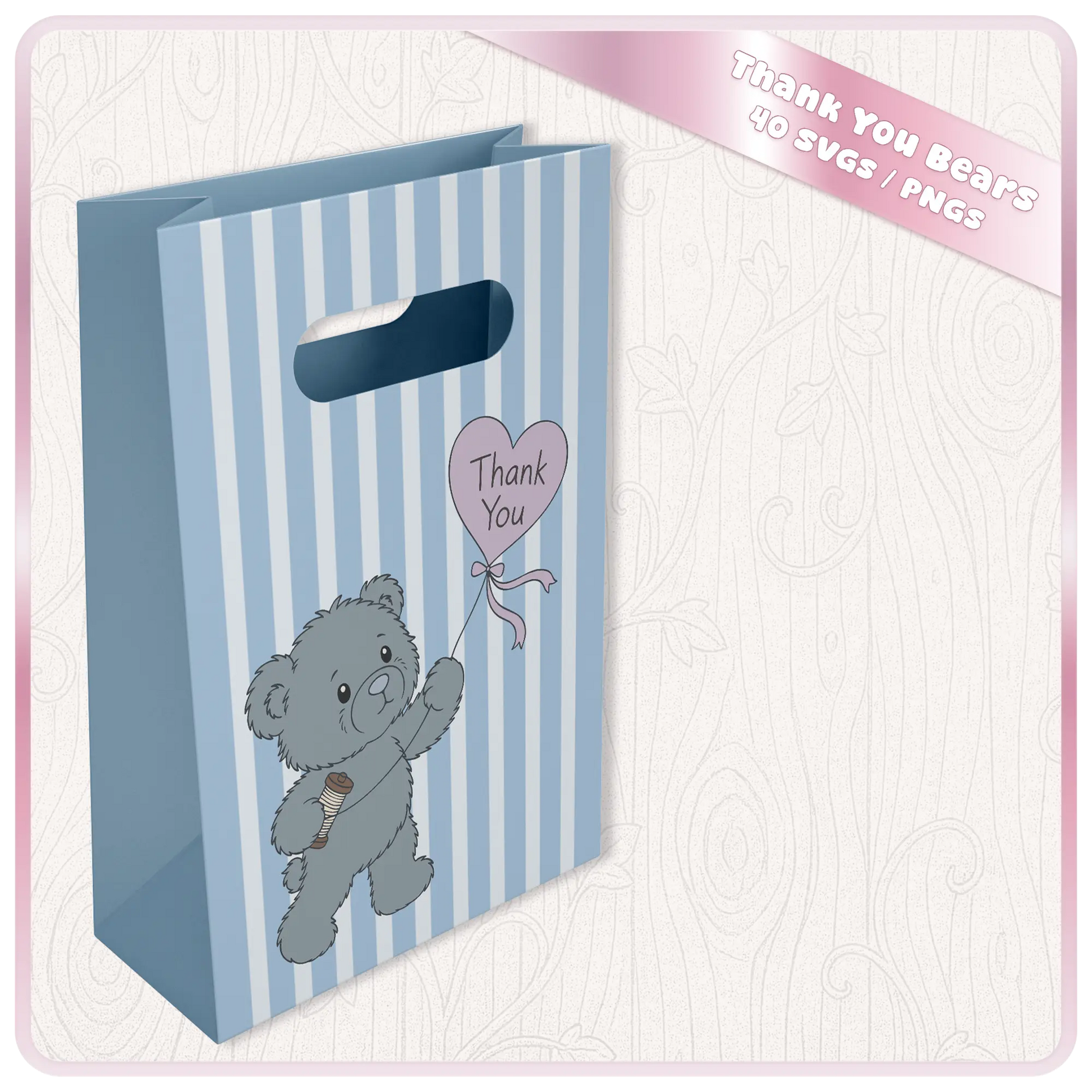Blue thank you teddy bear SVG displayed on gift bag mockup for Cricut vinyl projects, personalised gifts and handmade thank you packaging