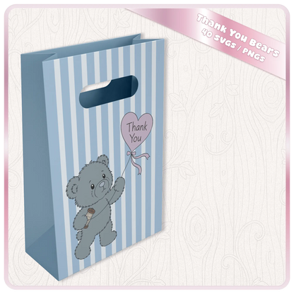 Blue thank you teddy bear SVG displayed on gift bag mockup for Cricut vinyl projects, personalised gifts and handmade thank you packaging