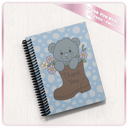 Blue teddy bear thank you SVG clipart shown on notebook cover mockup for journals, planners, teacher gifts and personalised stationery