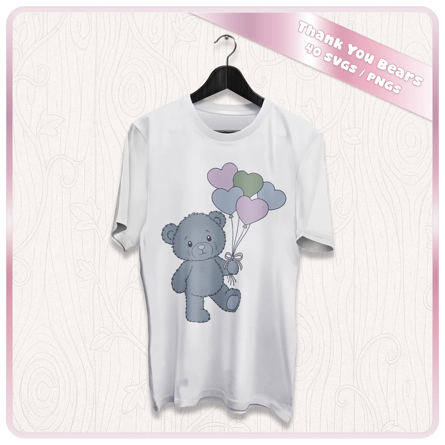 Blue teddy bear holding heart balloons SVG and PNG clipart displayed on t-shirt mockup for sublimation printing and custom apparel projects