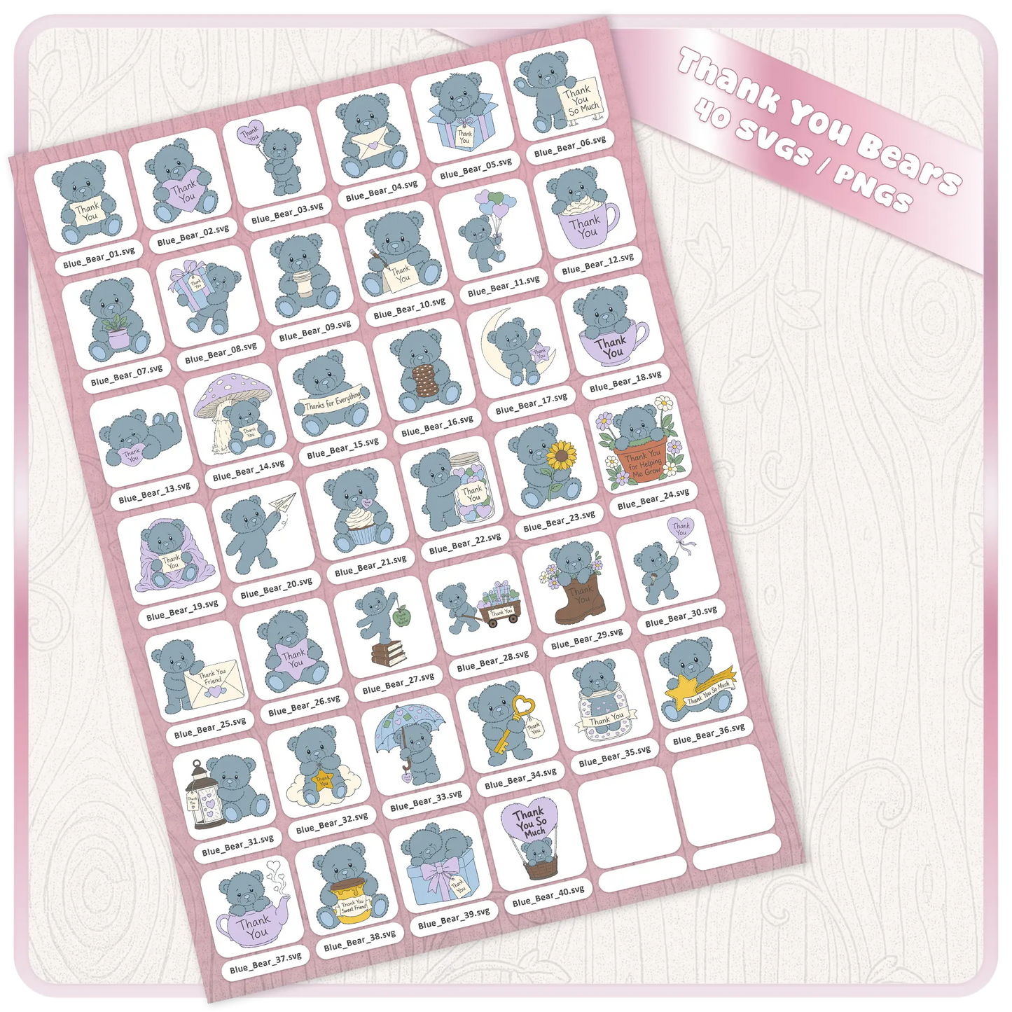 Complete Blue Thank You Teddy Bears SVG bundle preview showing all 40 individual teddy bear SVG and PNG clipart designs included in the download