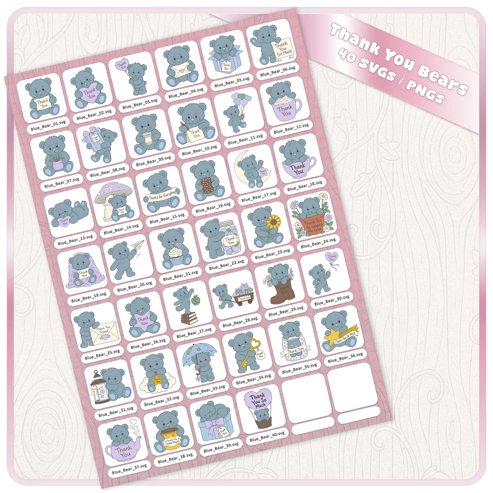 Complete Blue Thank You Teddy Bears SVG bundle preview showing all 40 individual teddy bear SVG and PNG clipart designs included in the download