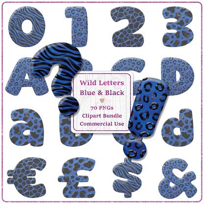 Blue Animal Print Letters & Numbers Clipart Bundle 70 PNGs