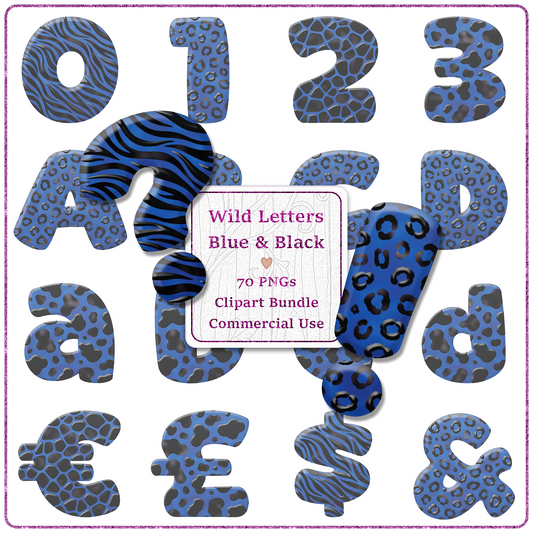 Blue Animal Print Letters & Numbers Clipart Bundle 70 PNGs