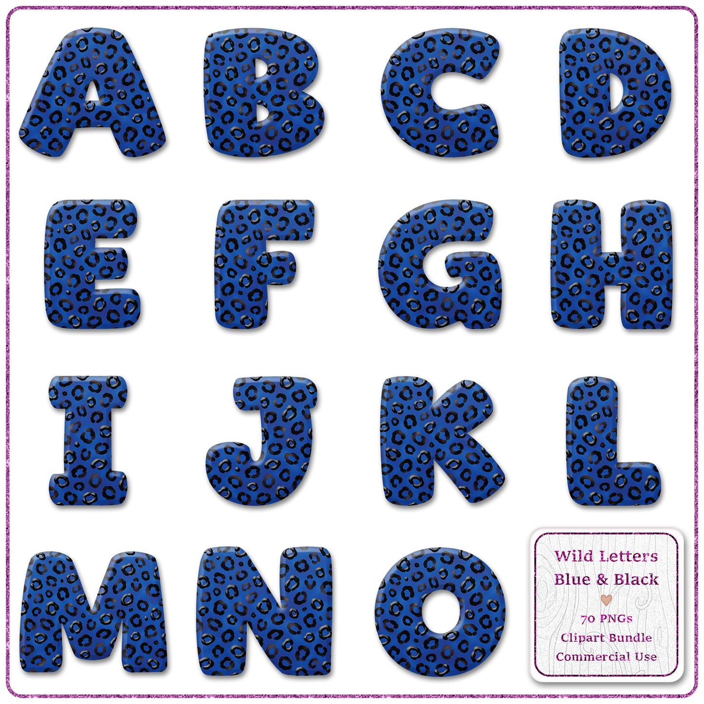 Blue Animal Print Letters & Numbers Clipart Bundle 70 PNGs