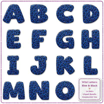 Blue Animal Print Letters & Numbers Clipart Bundle 70 PNGs