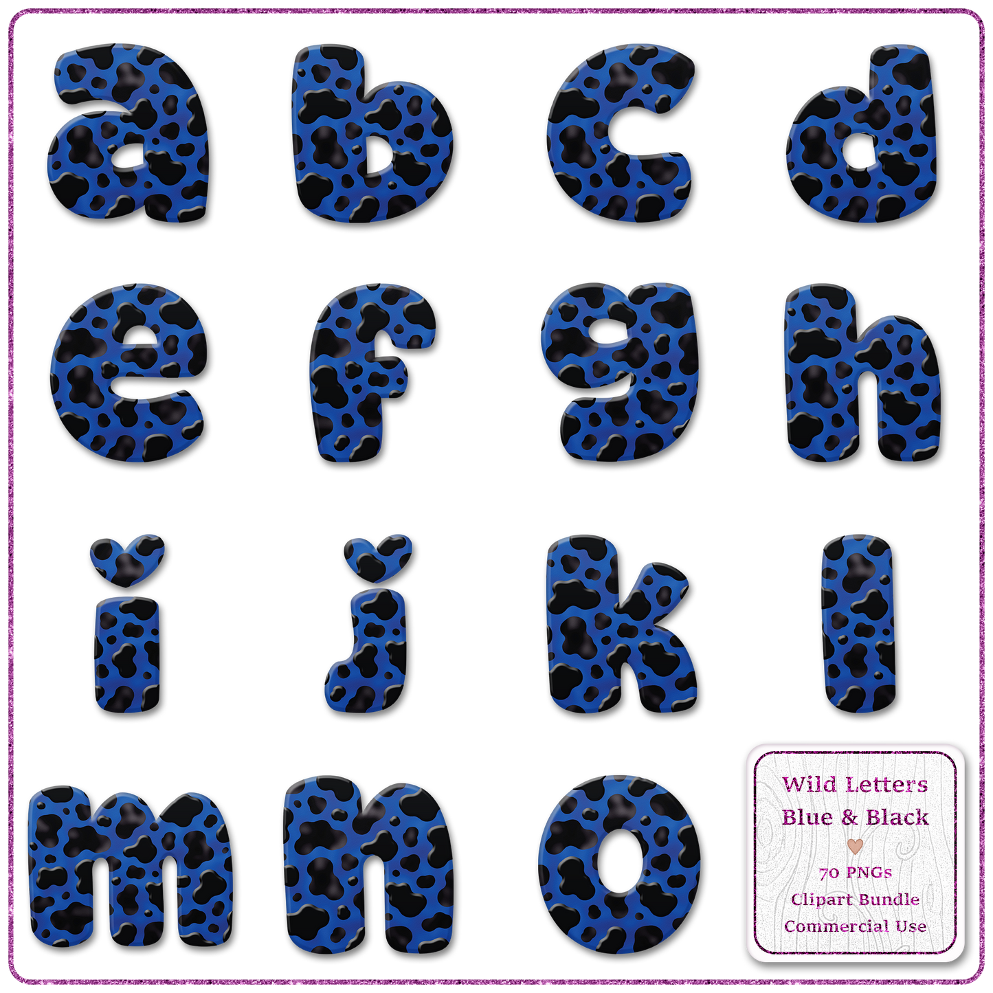 Blue Animal Print Letters & Numbers Clipart Bundle 70 PNGs