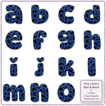 Blue Animal Print Letters & Numbers Clipart Bundle 70 PNGs