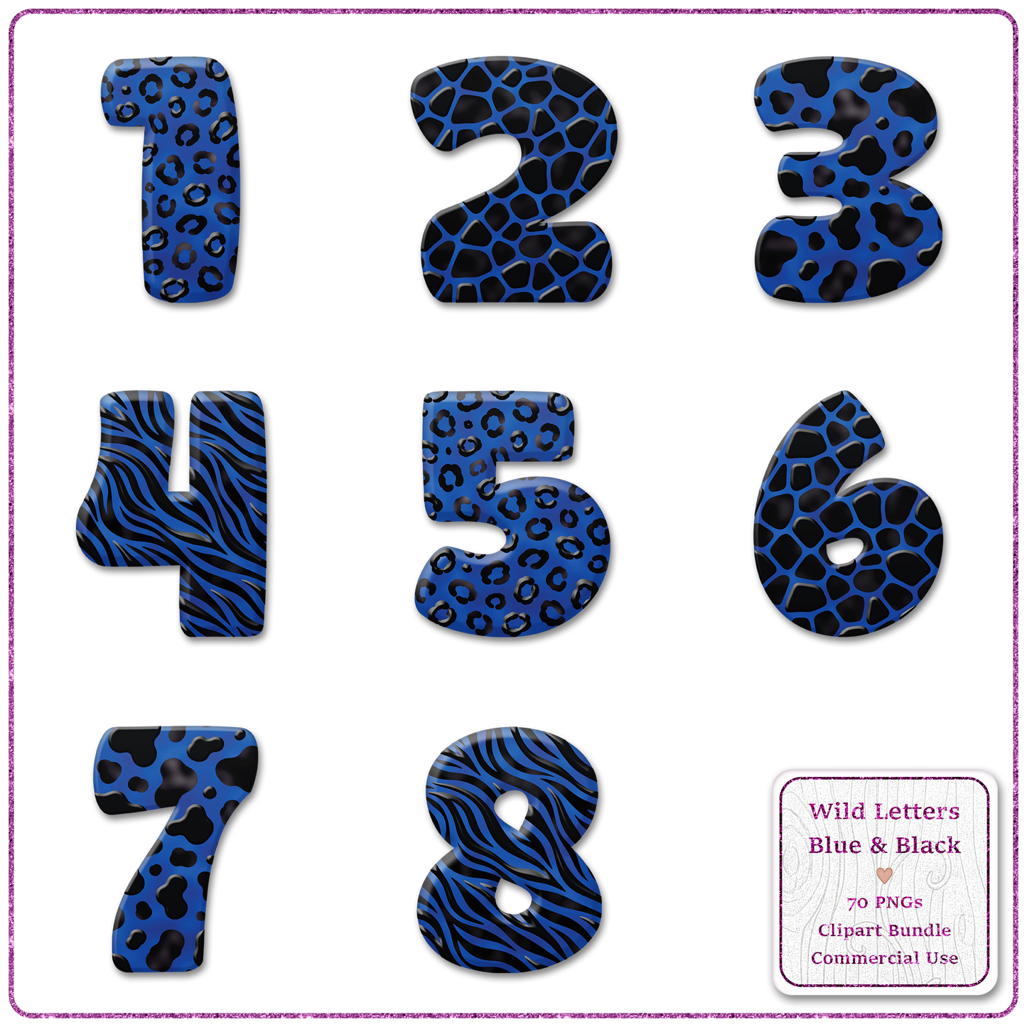 Blue Animal Print Letters & Numbers Clipart Bundle 70 PNGs