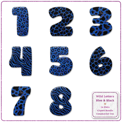 Blue Animal Print Letters & Numbers Clipart Bundle 70 PNGs
