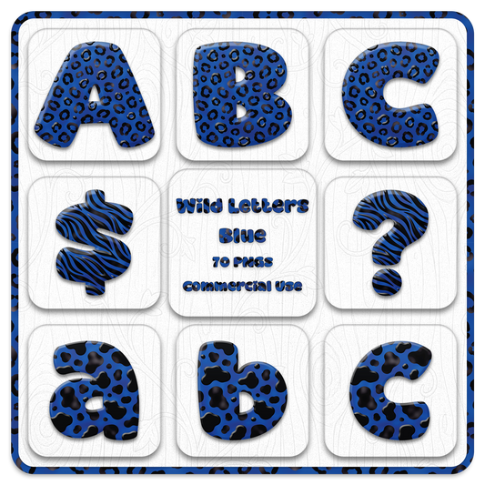Blue Animal Print Letters & Numbers Clipart Bundle 70 PNGs
