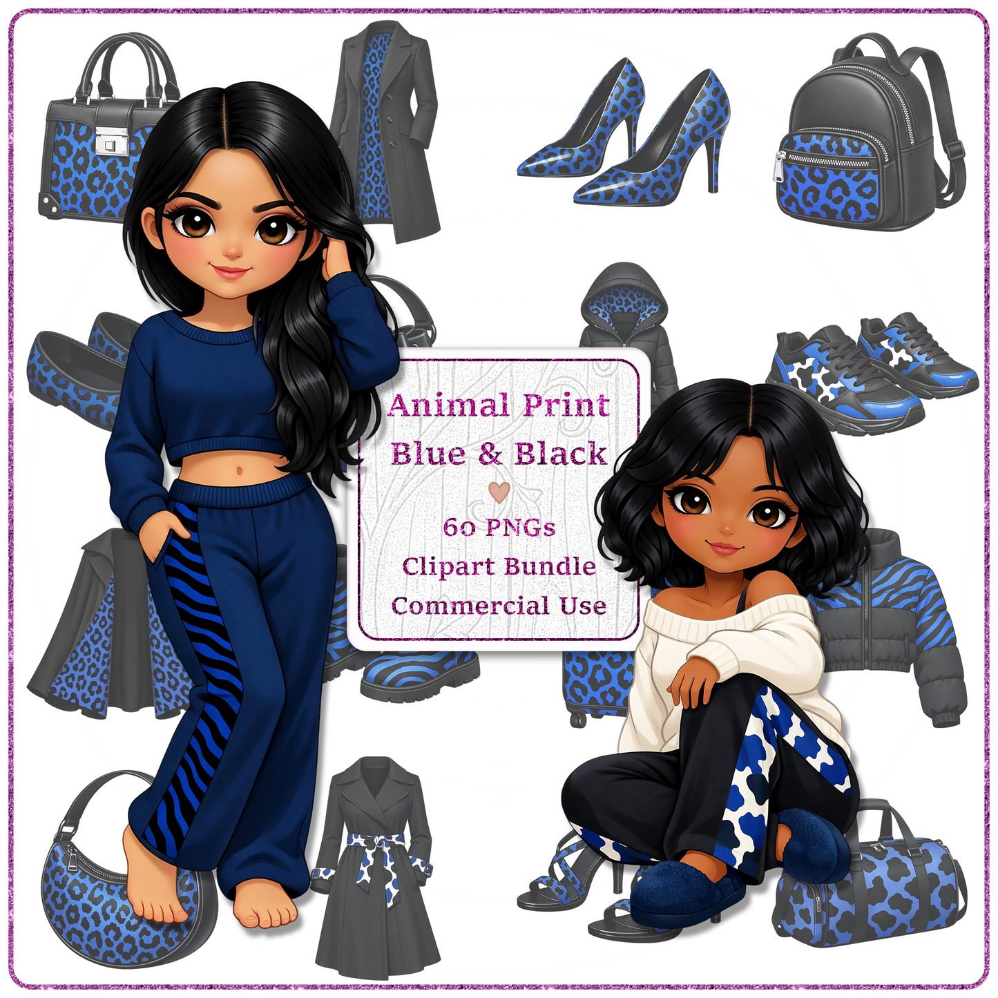 Animal Print Blue & Black Clipart Bundle 60 PNGs