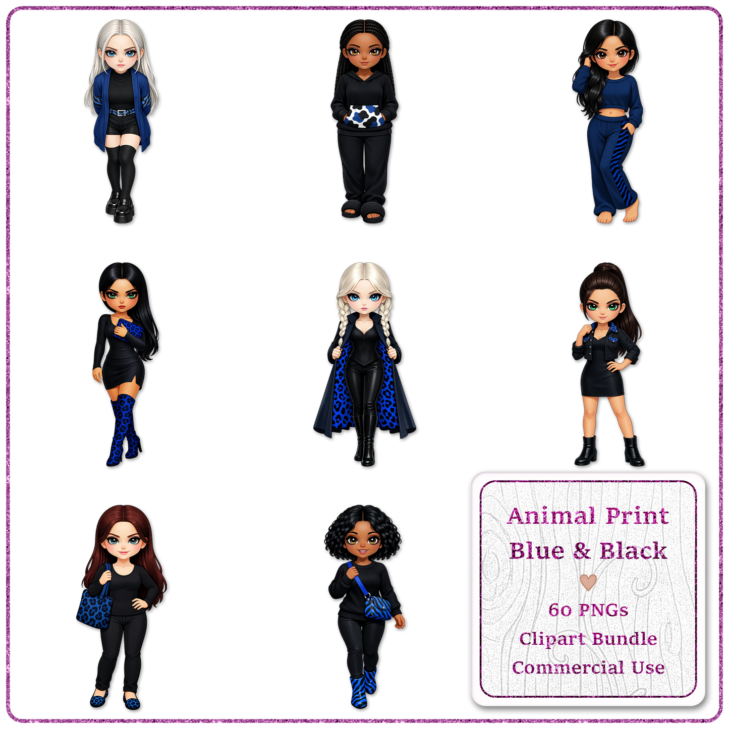 Animal Print Blue & Black Clipart Bundle 60 PNGs