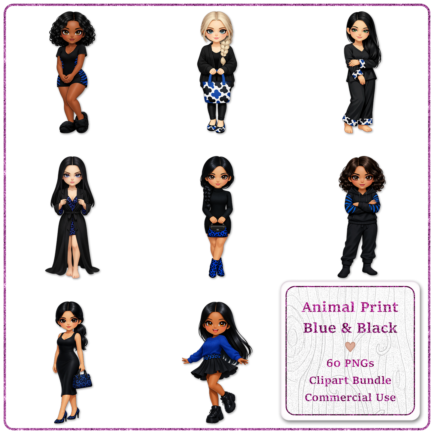 Animal Print Blue & Black Clipart Bundle 60 PNGs